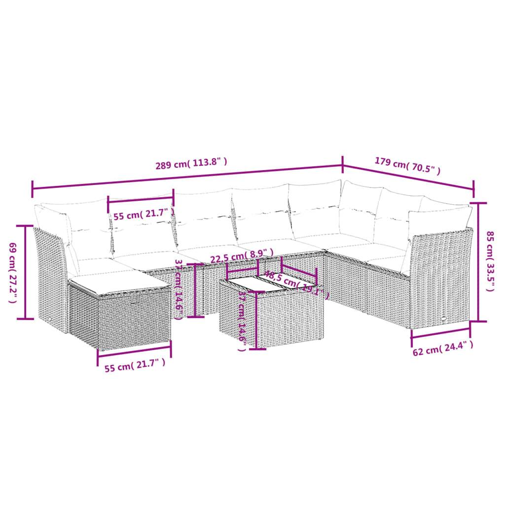 vidaXL 9-tlg. Garten-Sofagarnitur mit Kissen Hellgrau Poly Rattan