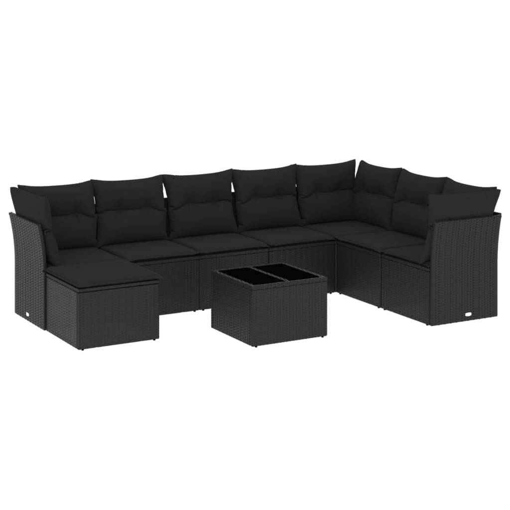 vidaXL 9-tlg. Garten-Sofagarnitur mit Kissen Schwarz Poly Rattan