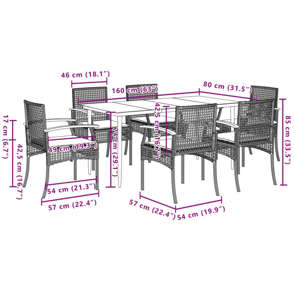 vidaXL 7-tlg. Garten-Essgruppe mit Kissen Grau Poly Rattan
