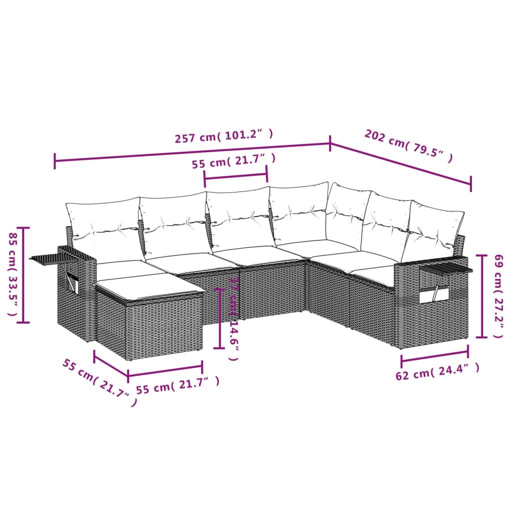 vidaXL 7-tlg. Garten-Sofagarnitur mit Kissen Schwarz Poly Rattan