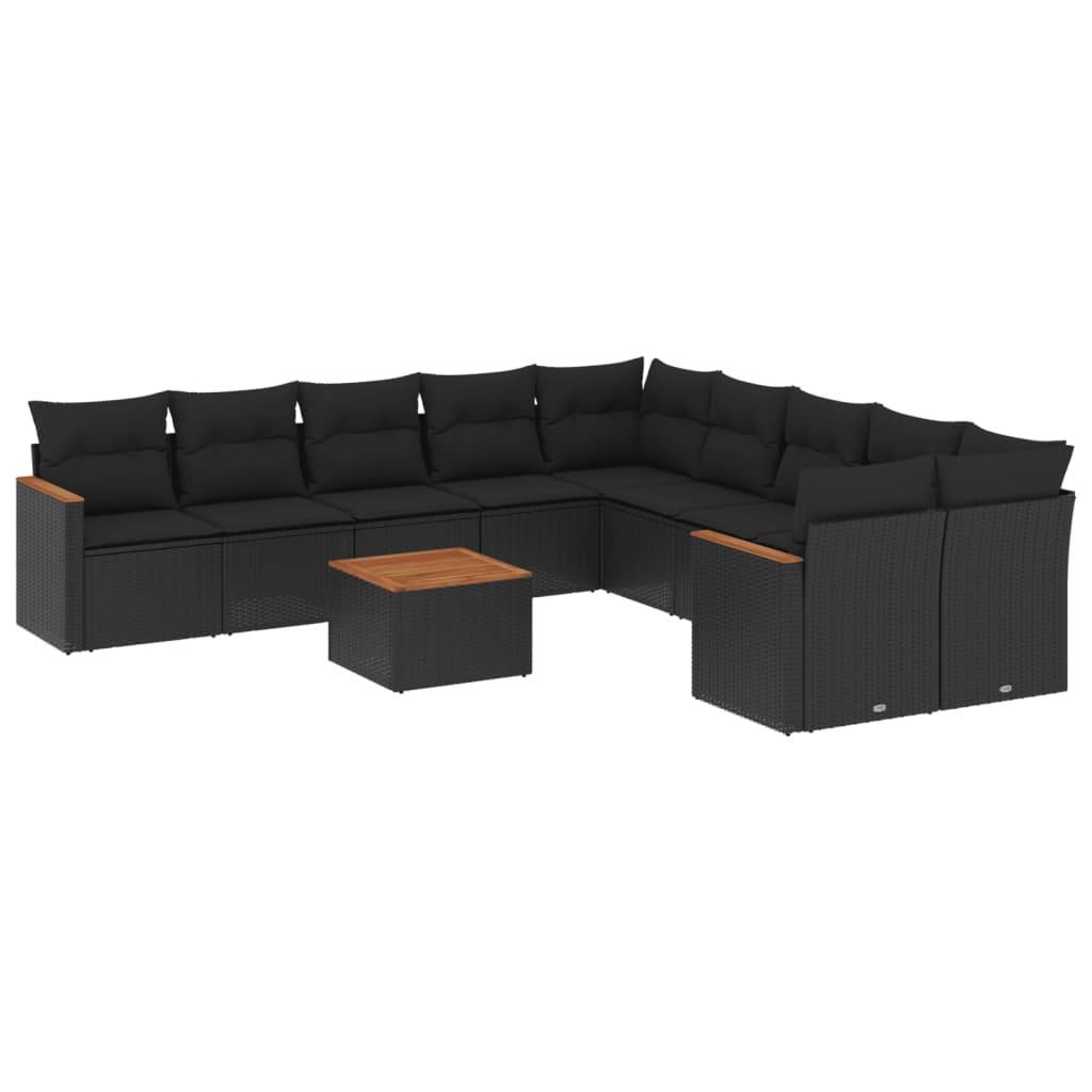 vidaXL 11-tlg. Garten-Sofagarnitur mit Kissen Schwarz Poly Rattan