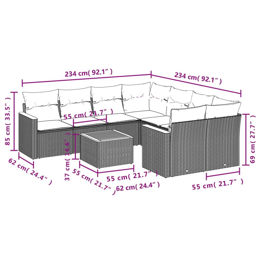 vidaXL 9-teiliges Gartensofa-Set mit Kissen, grau, Polyrattan