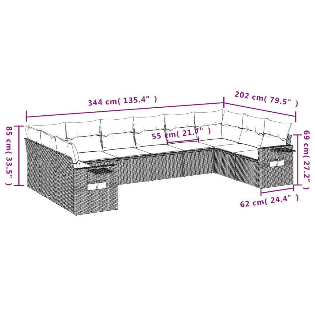 vidaXL 10-teiliges Gartensofa-Set mit Kissen, schwarzes Polyrattan