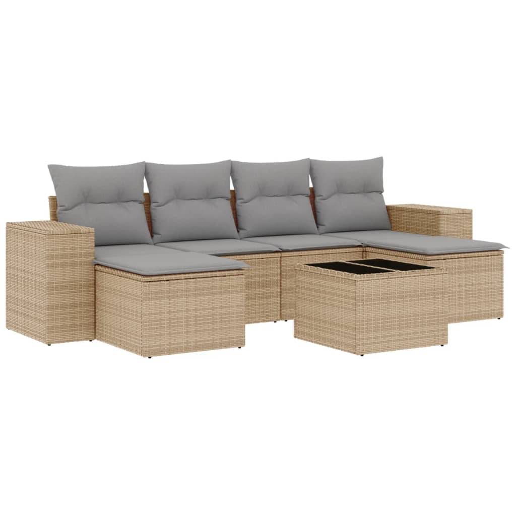 vidaXL 7-tlg. Garten-Sofagarnitur mit Kissen Beige Poly Rattan