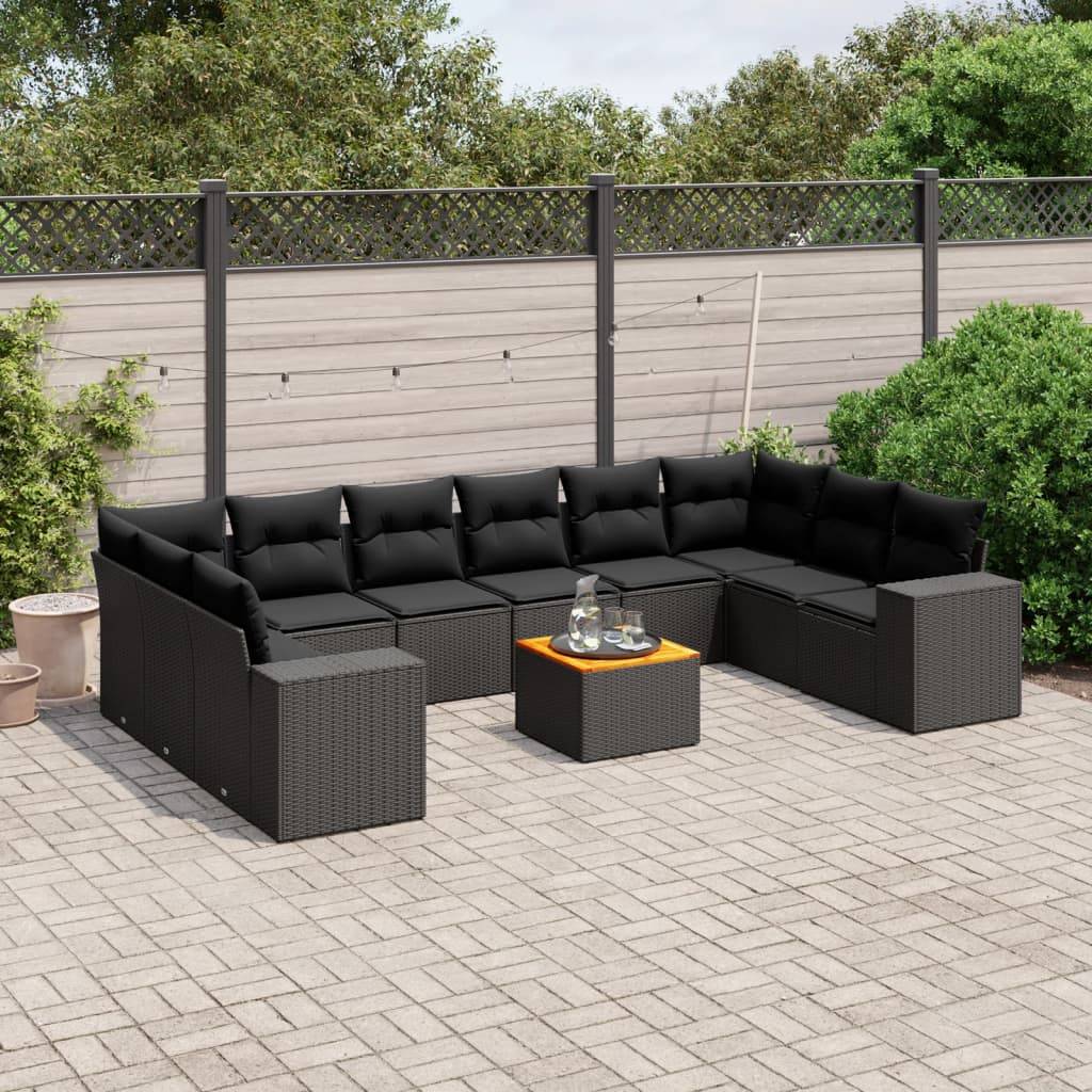 vidaXL 11-tlg. Garten-Sofagarnitur mit Kissen Schwarz Poly Rattan