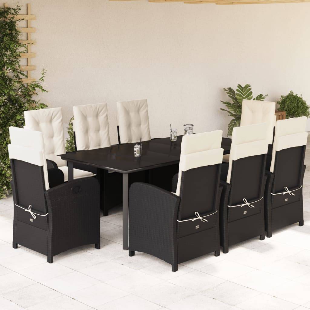 vidaXL 9-tlg. Garten-Essgruppe mit Kissen Schwarz Poly Rattan