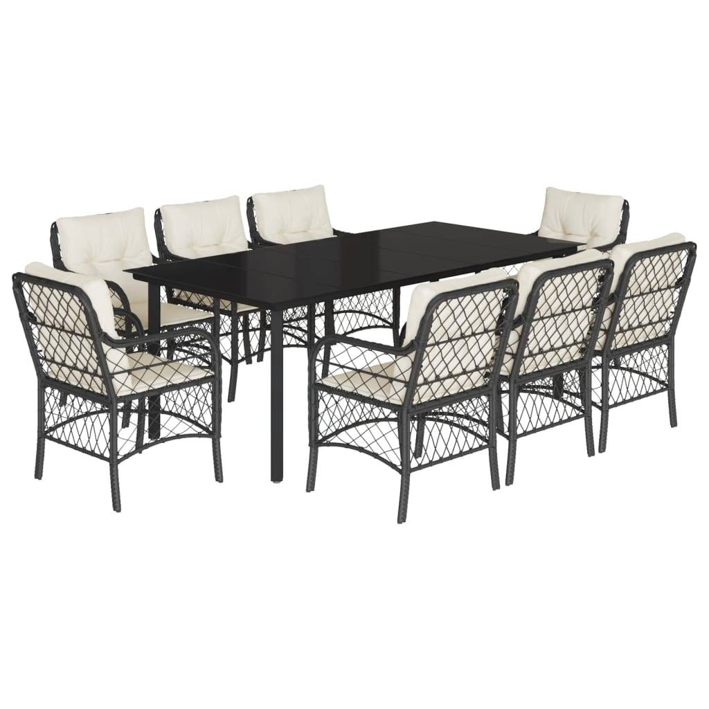 vidaXL 9-tlg. Garten-Essgruppe mit Kissen Schwarz Poly Rattan