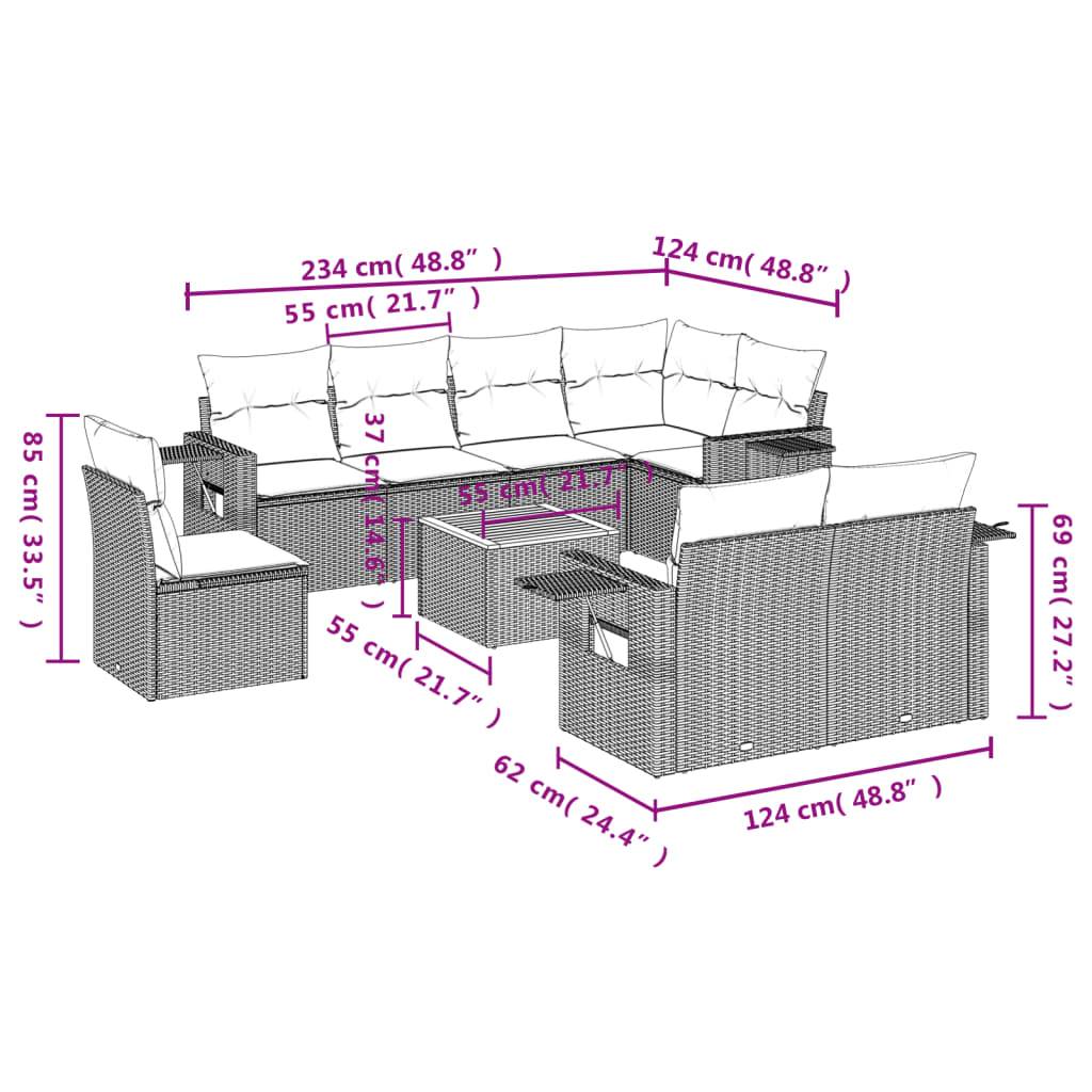 vidaXL 9-teiliges Gartensofa-Set mit Kissen, grau, Polyrattan