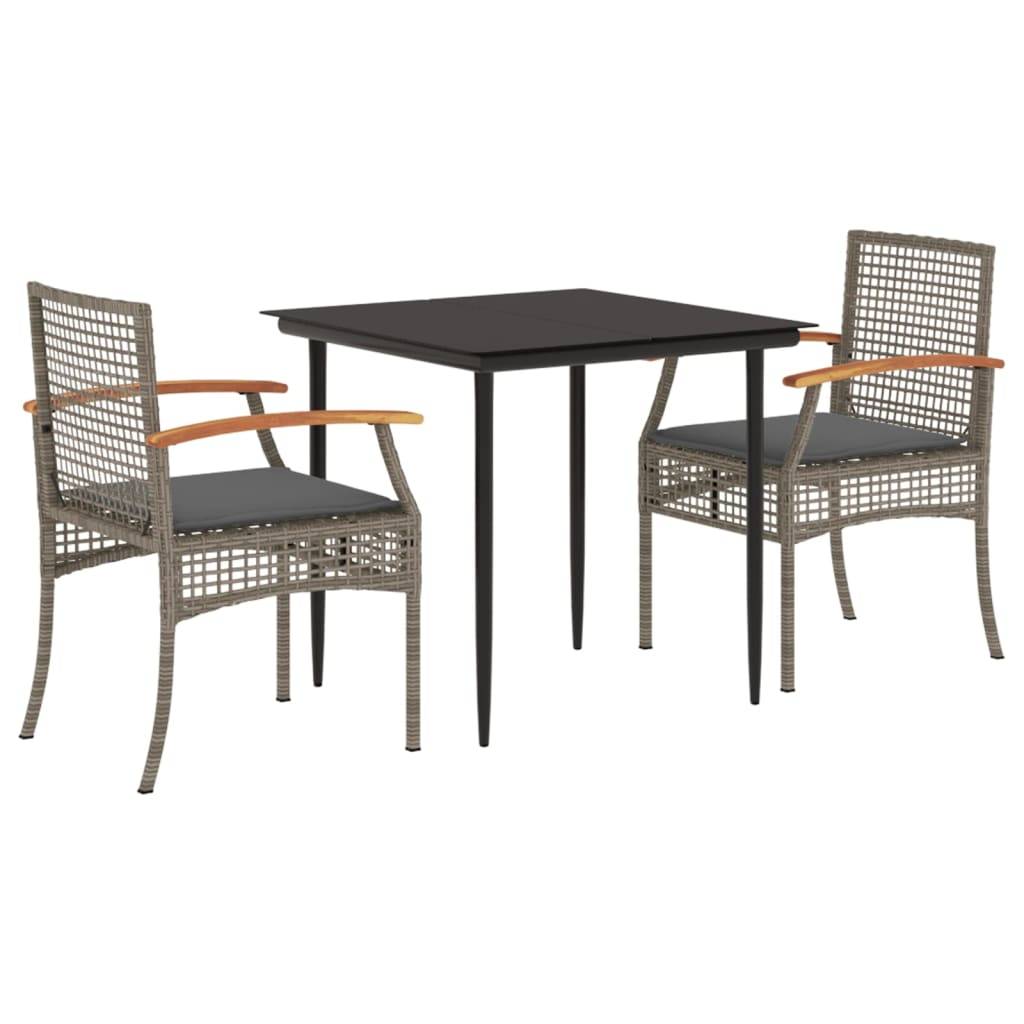 vidaXL 3-tlg. Garten-Essgruppe mit Kissen Grau Poly Rattan