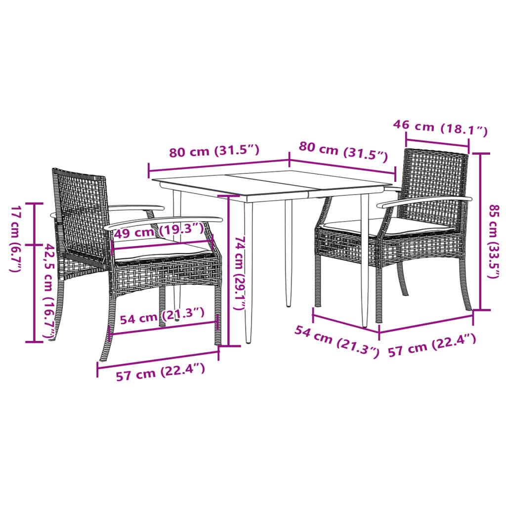 vidaXL 3-tlg. Garten-Essgruppe mit Kissen Grau Poly Rattan