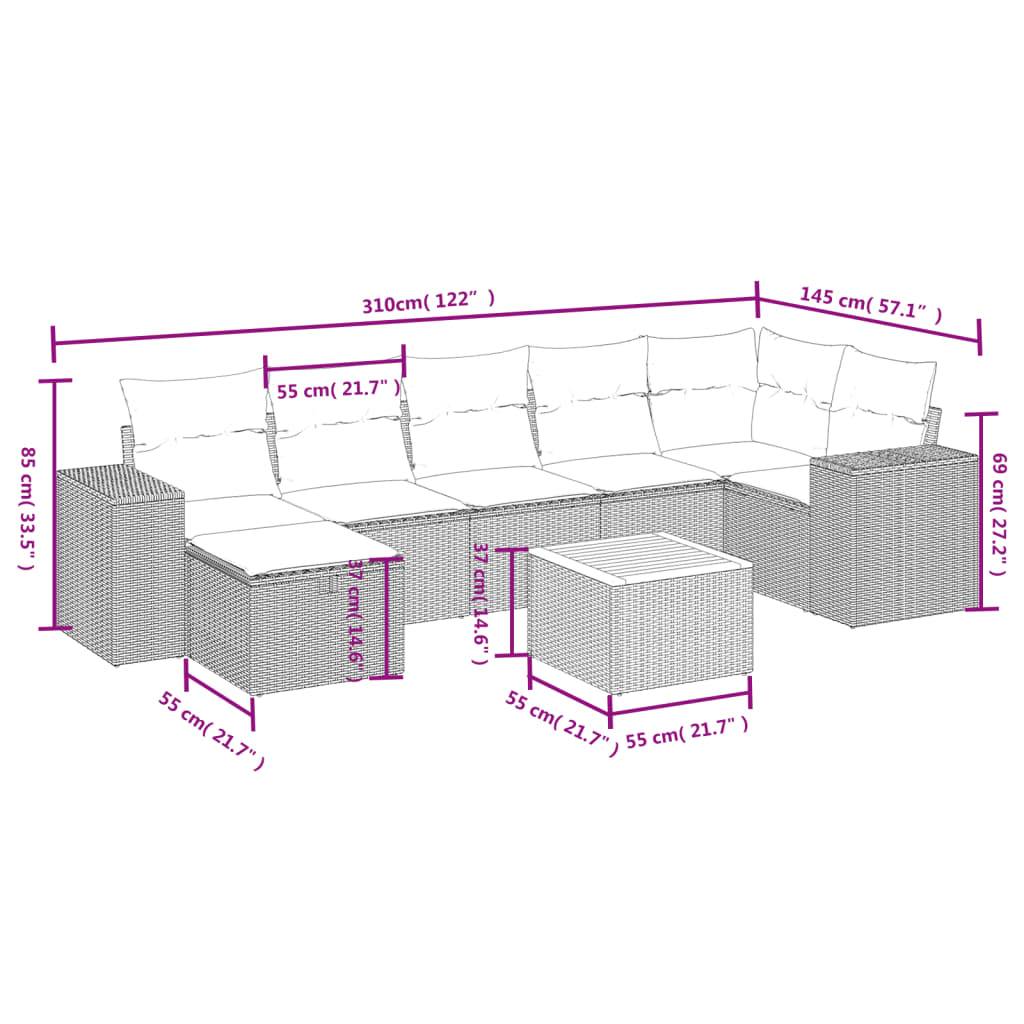 vidaXL 8-tlg. Garten-Sofagarnitur mit Kissen Schwarz Poly Rattan