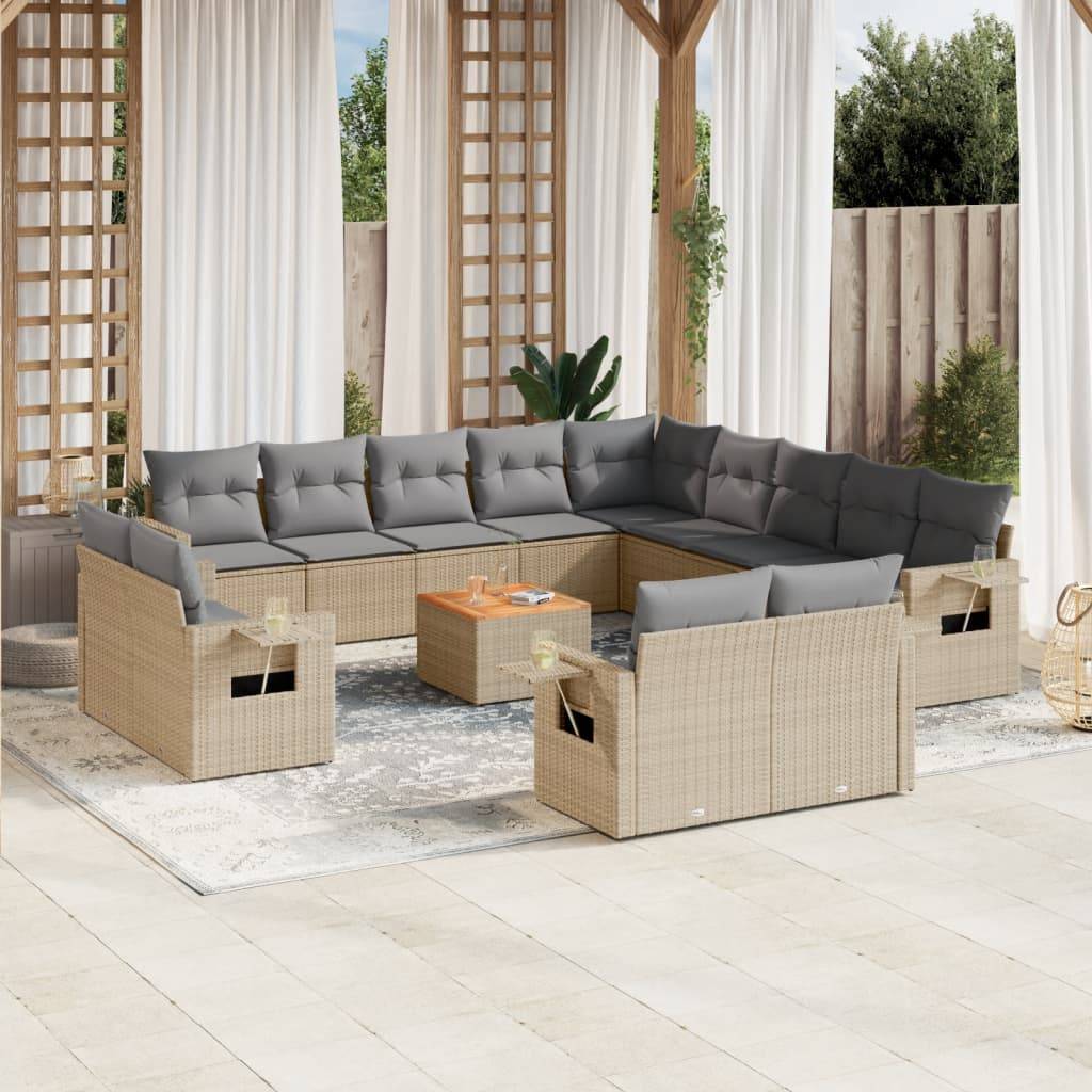 vidaXL 14-tlg. Garten-Sofagarnitur mit Kissen Beige Poly Rattan