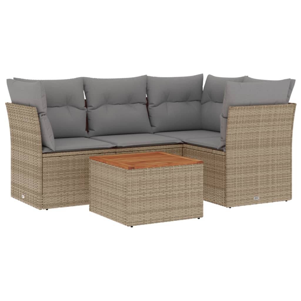 vidaXL 5-tlg. Garten-Sofagarnitur mit Kissen Beige Poly Rattan