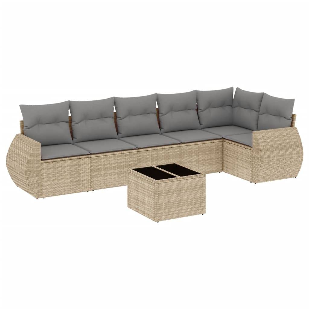 vidaXL 7-tlg. Garten-Sofagarnitur mit Kissen Beige Poly Rattan