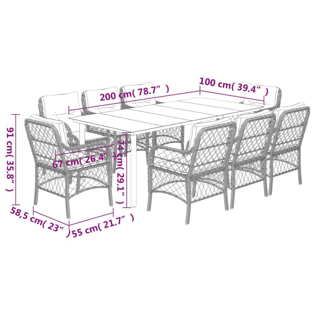 vidaXL 9-tlg. Garten-Essgruppe mit Kissen Hellgrau Poly Rattan
