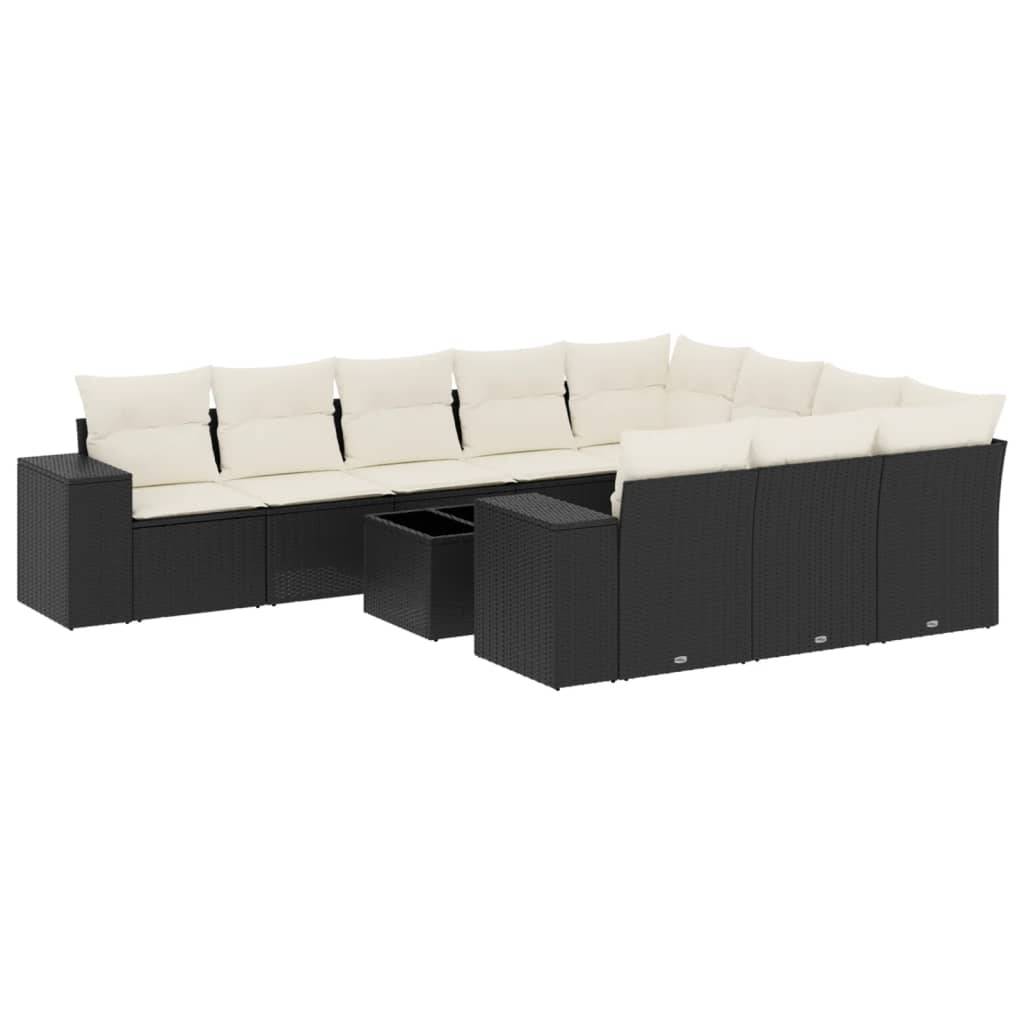vidaXL 11-tlg. Garten-Sofagarnitur mit Kissen Schwarz Poly Rattan