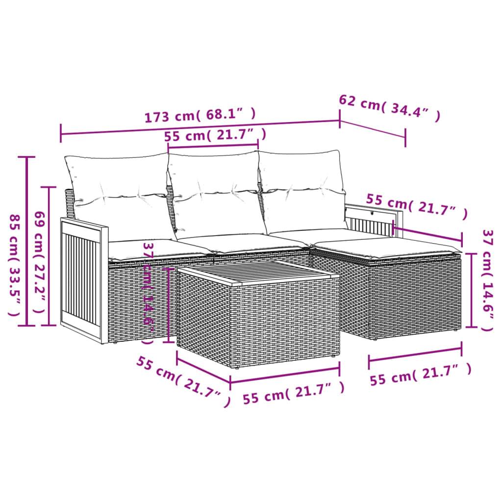 vidaXL 5-teiliges Gartensofa-Set mit Kissen, grau, Polyrattan
