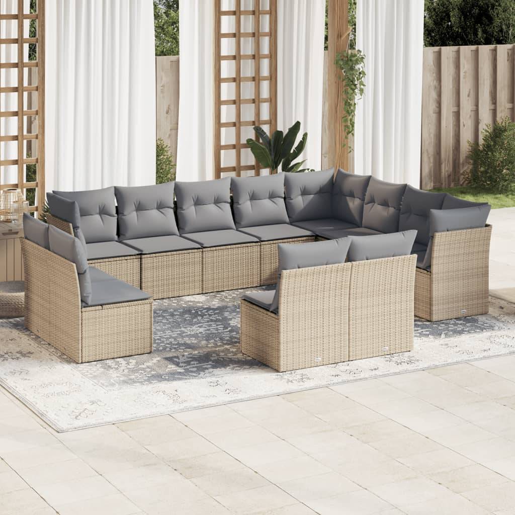 vidaXL 12-tlg. Garten-Sofagarnitur mit Kissen Beige Poly Rattan