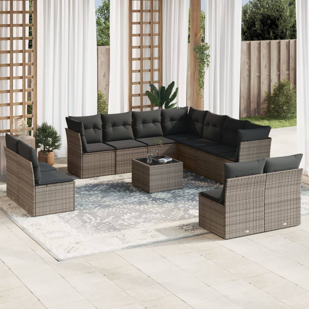 vidaXL 12-tlg. Garten-Sofagarnitur mit Kissen Grau Poly Rattan