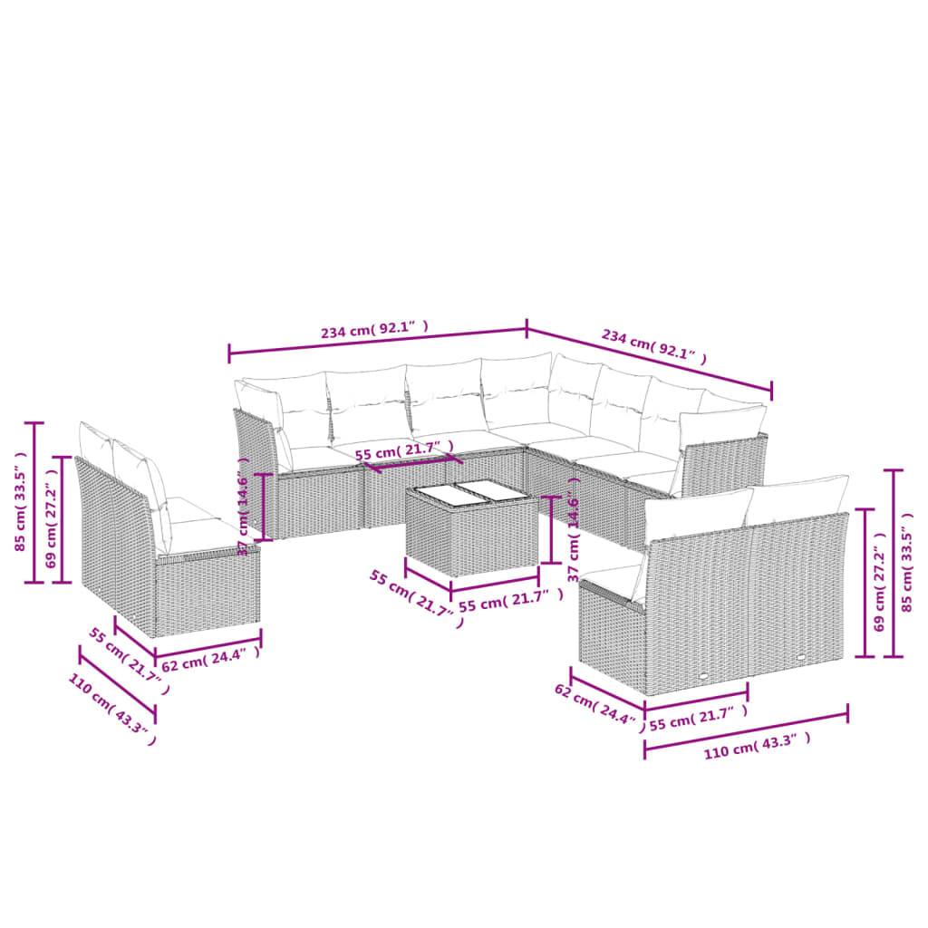 vidaXL 12-tlg. Garten-Sofagarnitur mit Kissen Grau Poly Rattan