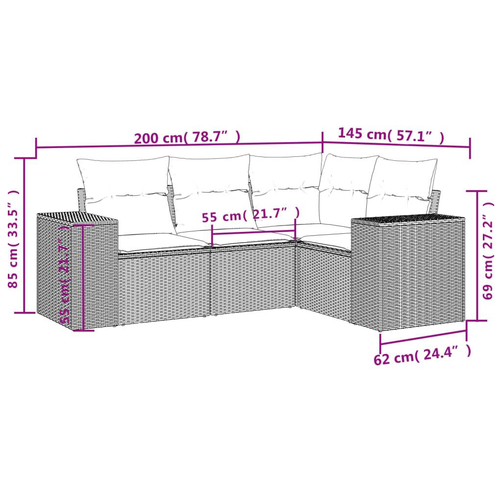 vidaXL 4-teiliges Gartensofa-Set mit Kissen, schwarzes Polyrattan