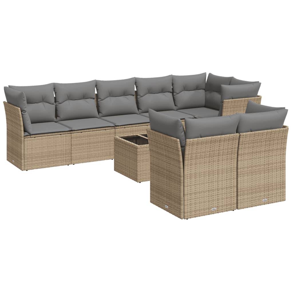 vidaXL 9-tlg. Garten-Sofagarnitur mit Kissen Beige Poly Rattan