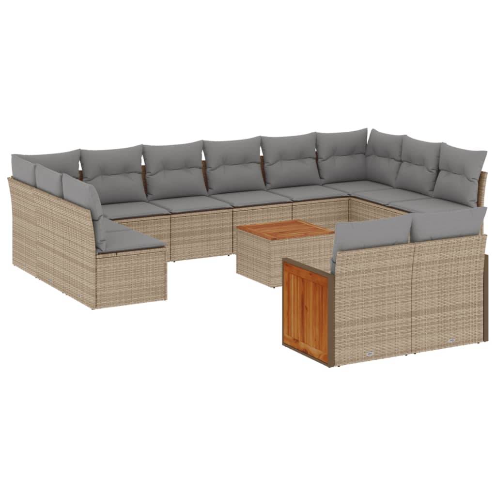 vidaXL 13-tlg. Garten-Sofagarnitur mit Kissen Beige Poly Rattan