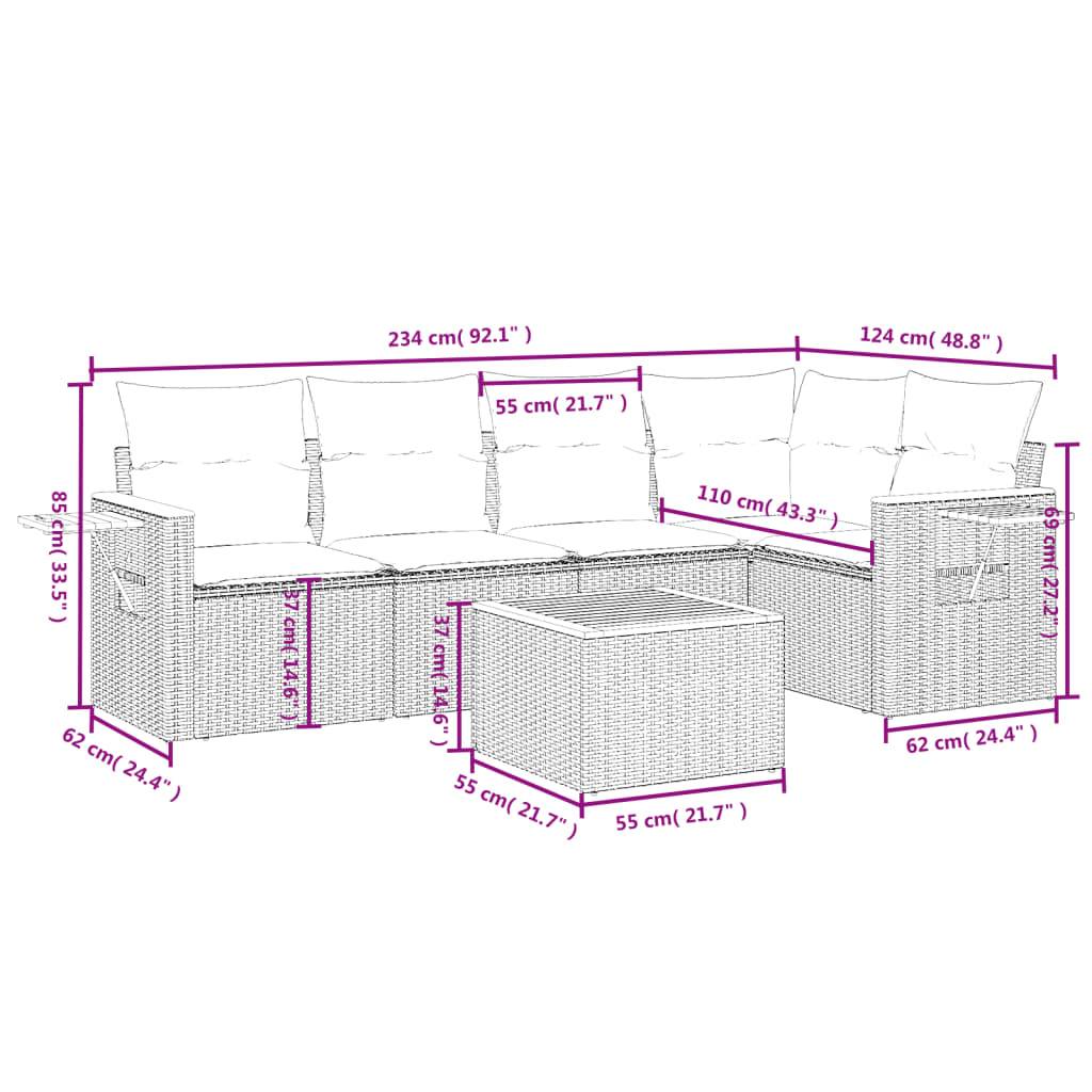 vidaXL 6-tlg. Garten-Sofagarnitur mit Kissen Beige Poly Rattan