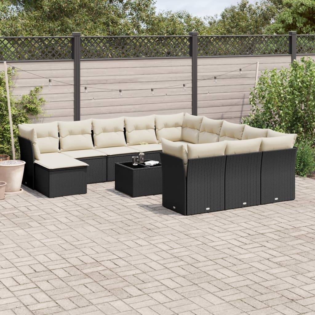 vidaXL 13-tlg. Garten-Sofagarnitur mit Kissen Schwarz Poly Rattan