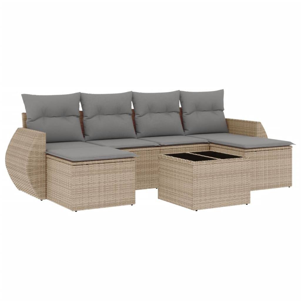vidaXL 7-tlg. Garten-Sofagarnitur mit Kissen Beige Poly Rattan