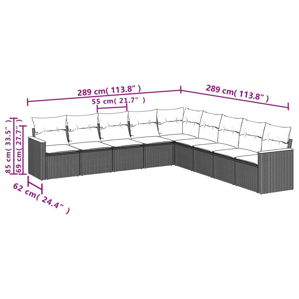 vidaXL 9-teiliges Gartensofa-Set mit Kissen, schwarzes Polyrattan
