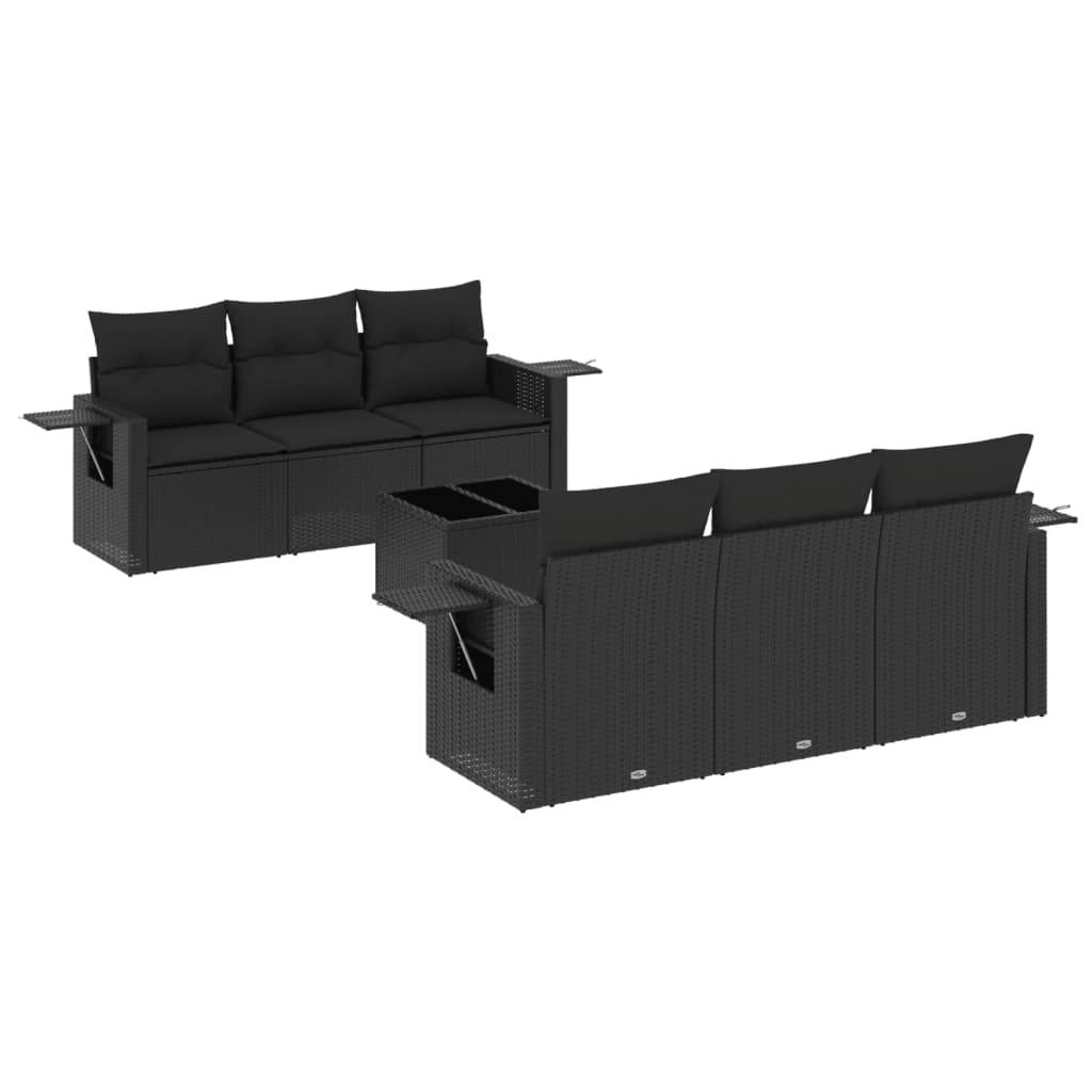 vidaXL 7-tlg. Garten-Sofagarnitur mit Kissen Schwarz Poly Rattan