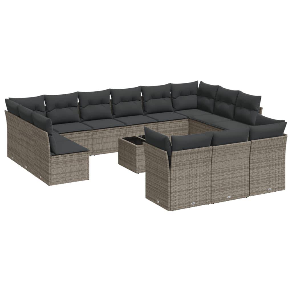 vidaXL 14-tlg. Garten-Sofagarnitur mit Kissen Grau Poly Rattan