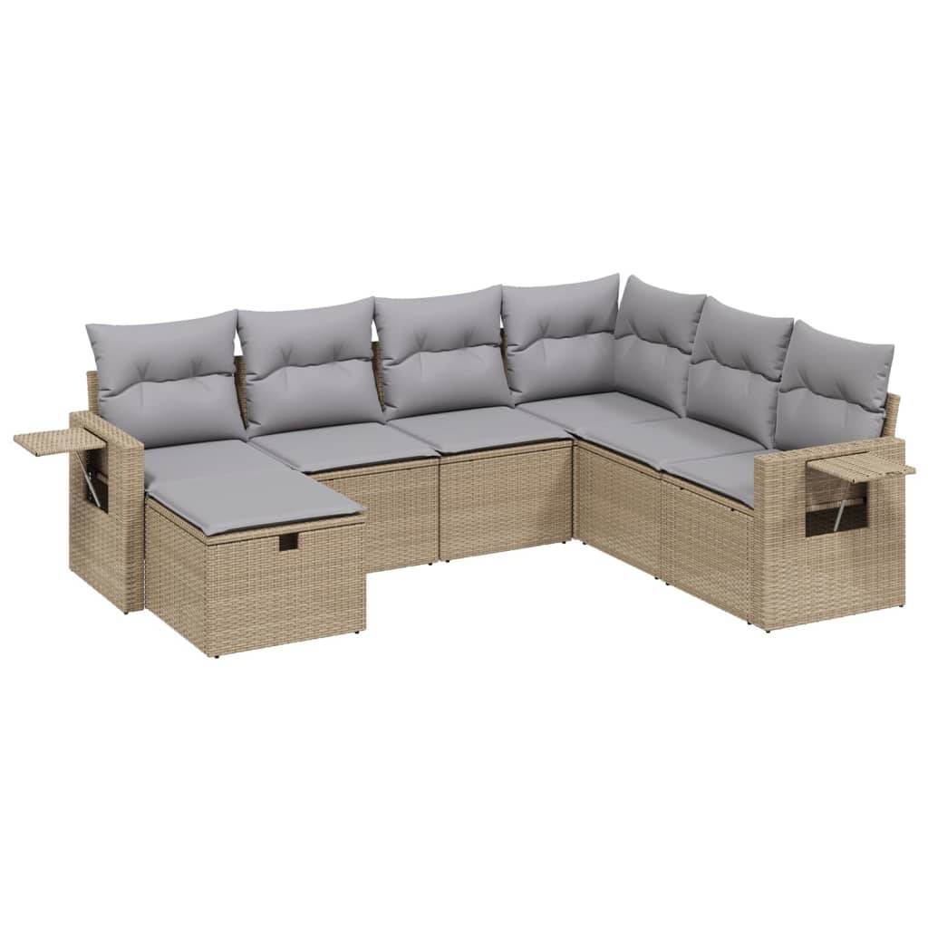 vidaXL 7-tlg. Garten-Sofagarnitur mit Kissen Beige Poly Rattan