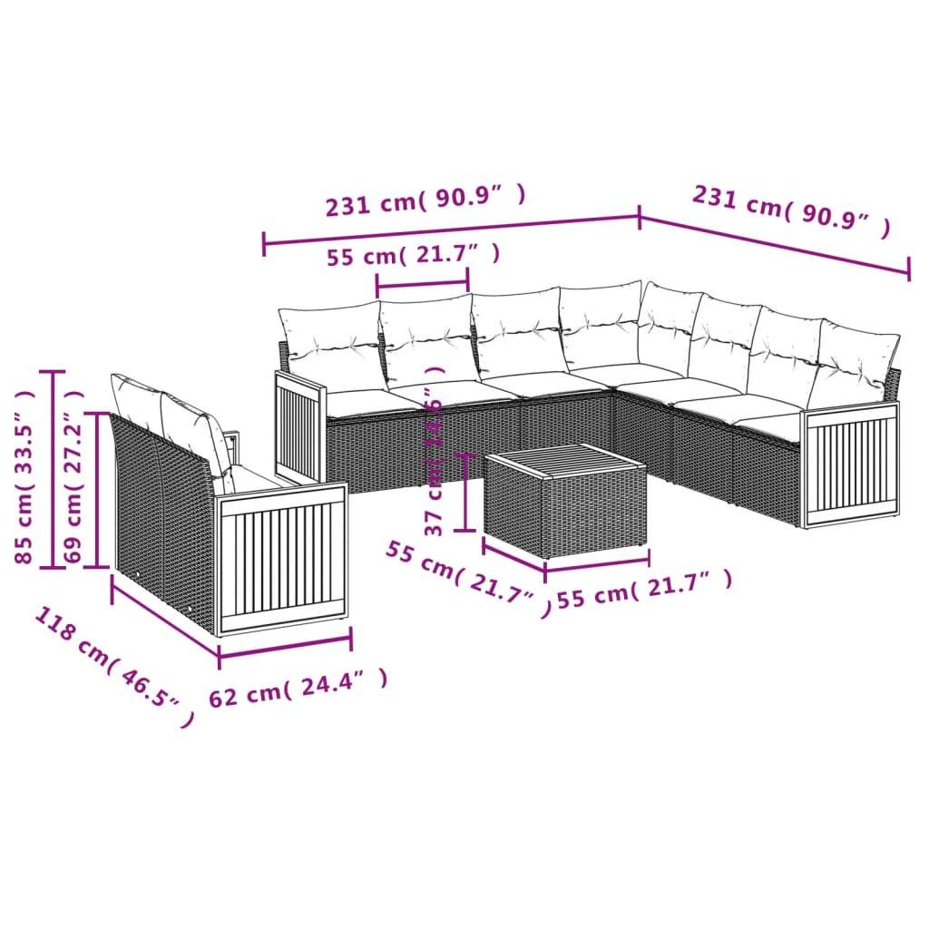 vidaXL 10-tlg. Garten-Sofagarnitur mit Kissen Beige Poly Rattan