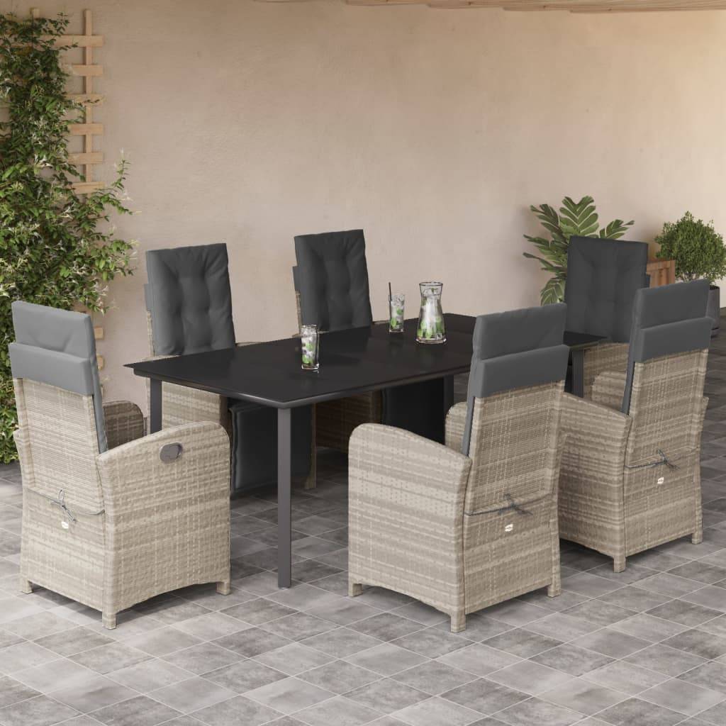 vidaXL 7-tlg. Garten-Essgruppe mit Kissen Hellgrau Poly Rattan