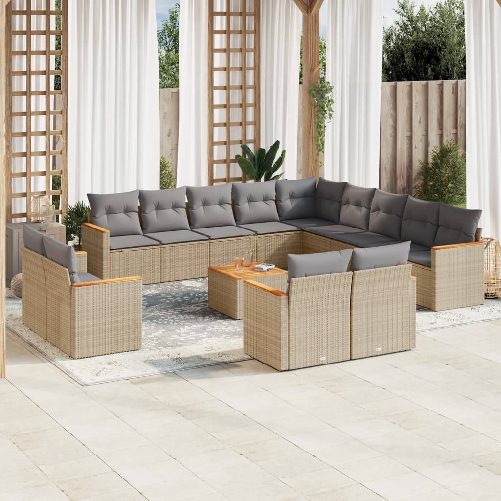 vidaXL 14-tlg. Garten-Sofagarnitur mit Kissen Beige Poly Rattan