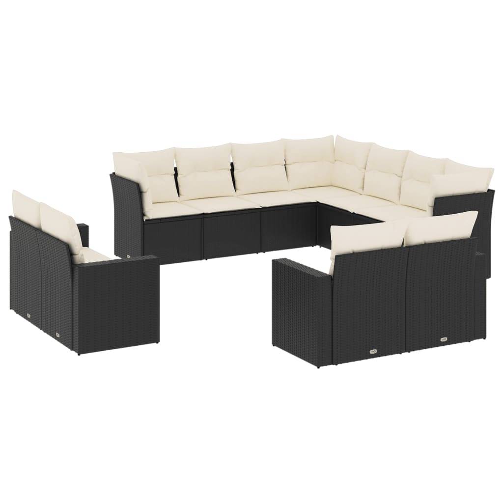 vidaXL 11-tlg. Garten-Sofagarnitur mit Kissen Schwarz Poly Rattan