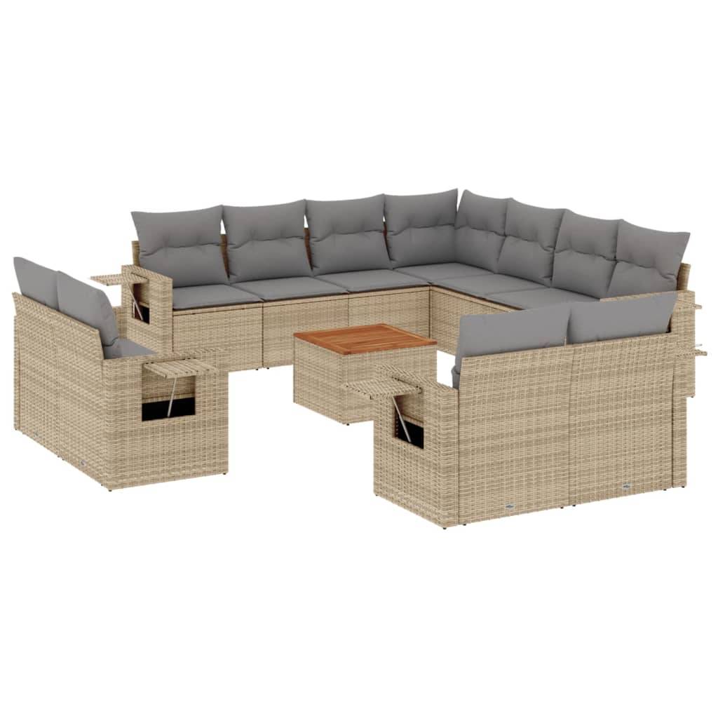 vidaXL 12-tlg. Garten-Sofagarnitur mit Kissen Beige Poly Rattan