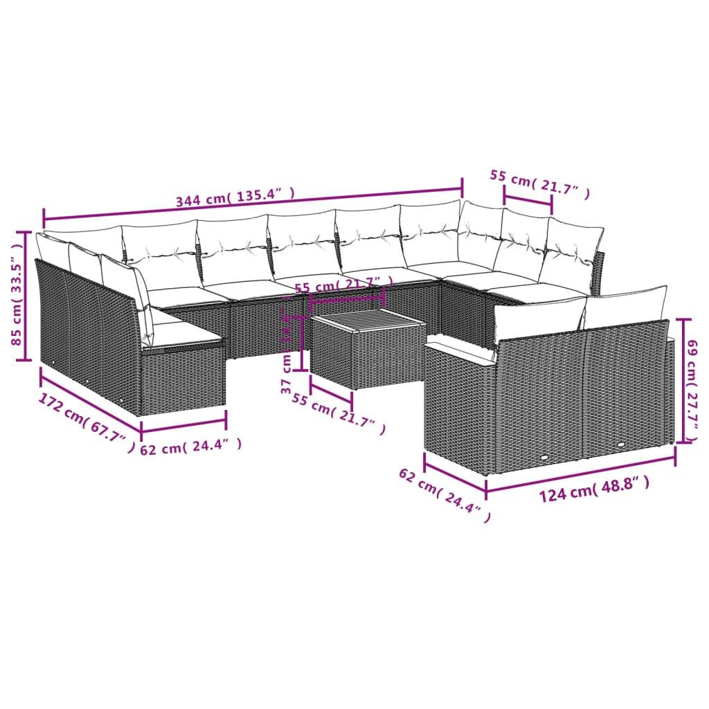 vidaXL 13-tlg. Garten-Sofagarnitur mit Kissen Grau Poly Rattan