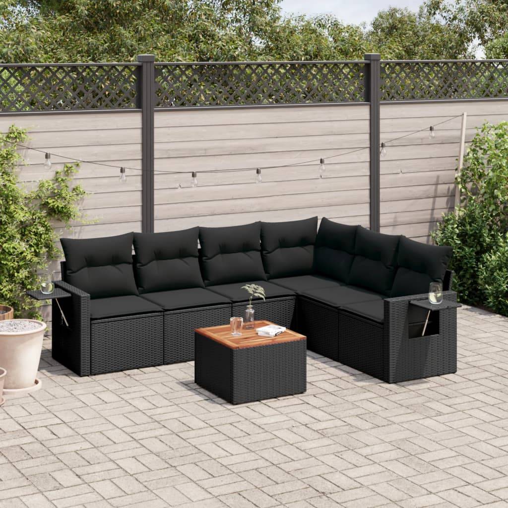 vidaXL 7-tlg. Garten-Sofagarnitur mit Kissen Schwarz Poly Rattan