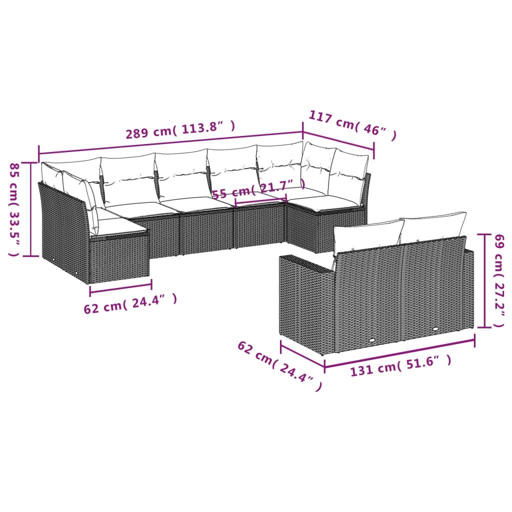 vidaXL 9-tlg. Garten-Sofagarnitur mit Kissen Braun Poly Rattan