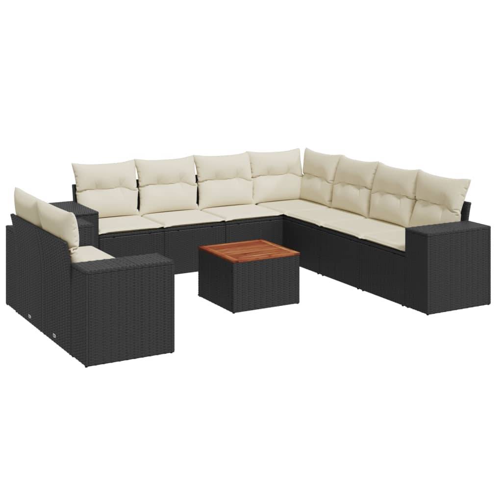 vidaXL 10-tlg. Garten-Sofagarnitur mit Kissen Schwarz Poly Rattan