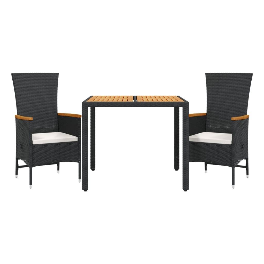 vidaXL 3-tlg. Garten-Essgruppe mit Kissen Schwarz Poly Rattan