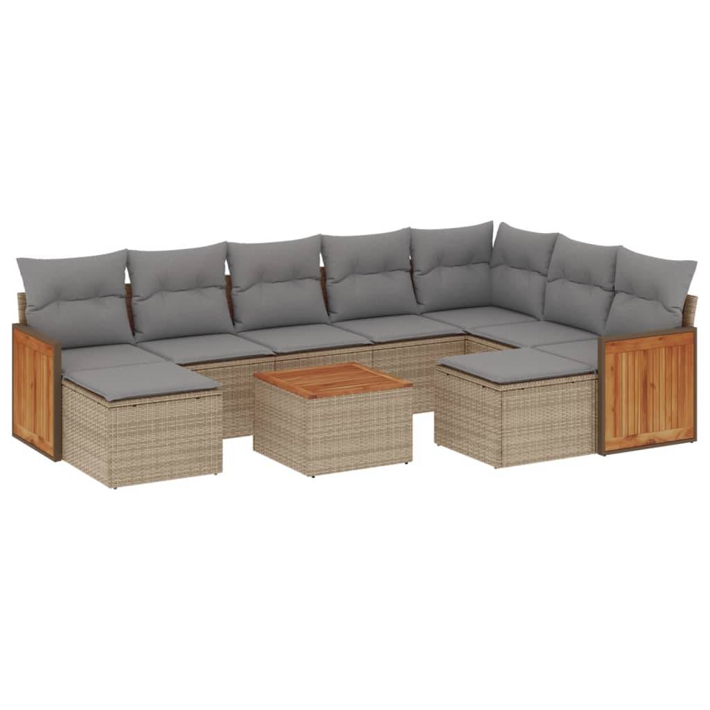 vidaXL 10-tlg. Garten-Sofagarnitur mit Kissen Beige Poly Rattan