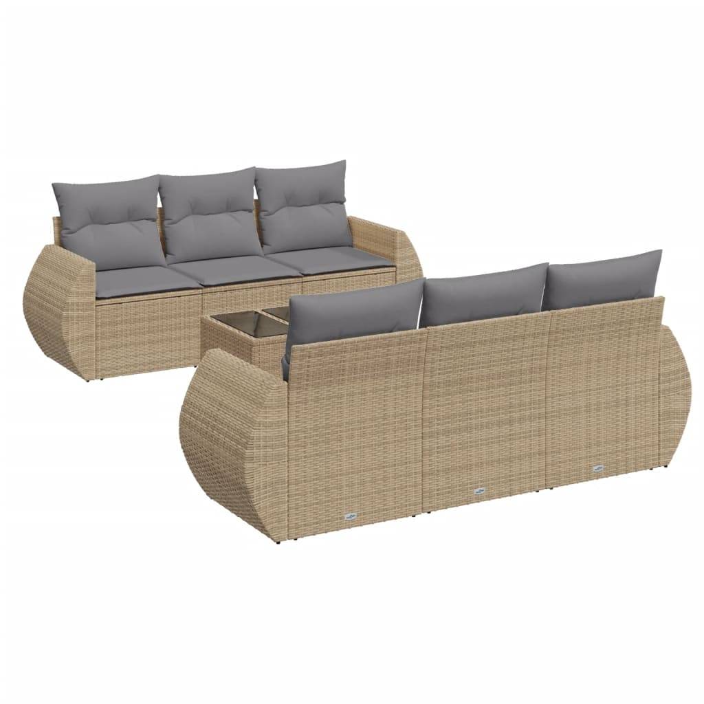 vidaXL 7-tlg. Garten-Sofagarnitur mit Kissen Beige Poly Rattan