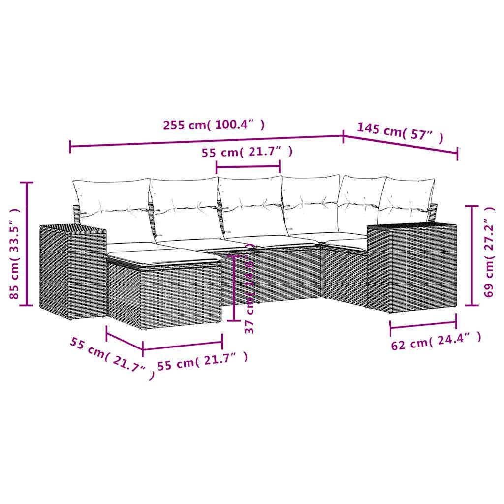 vidaXL 6-tlg. Garten-Sofagarnitur mit Kissen Schwarz Poly Rattan