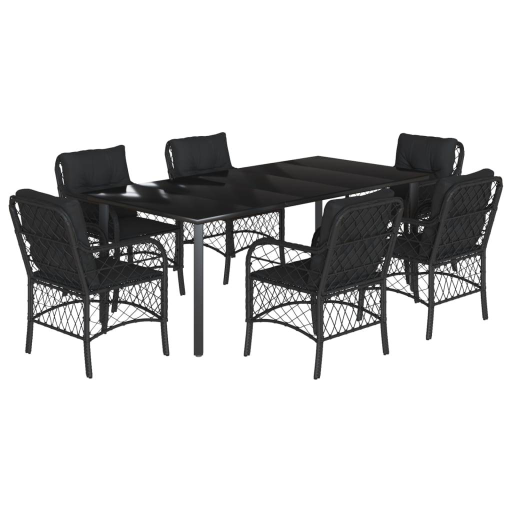 vidaXL 7-tlg. Garten-Essgruppe mit Kissen Schwarz Poly Rattan