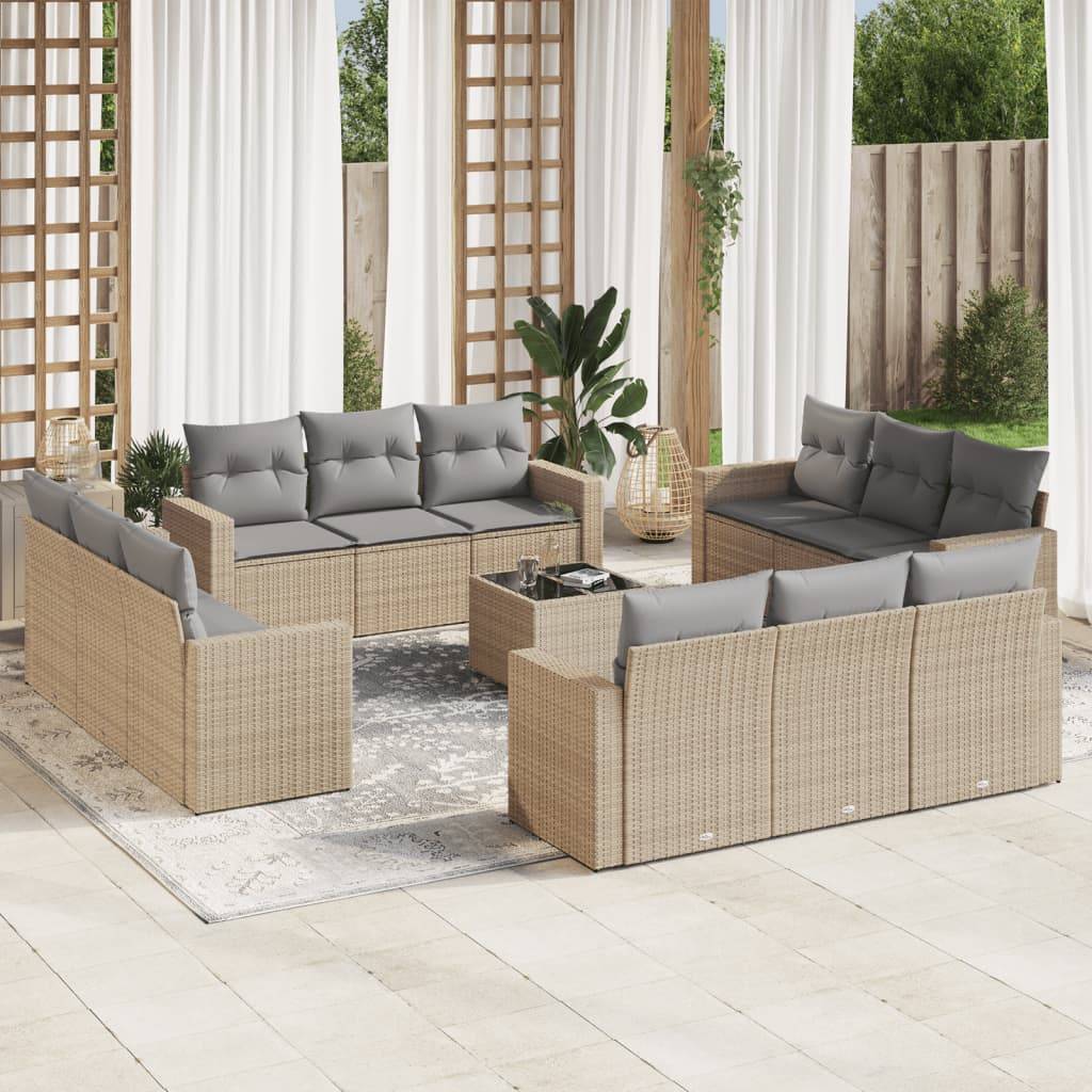 vidaXL 13-tlg. Garten-Sofagarnitur mit Kissen Beige Poly Rattan
