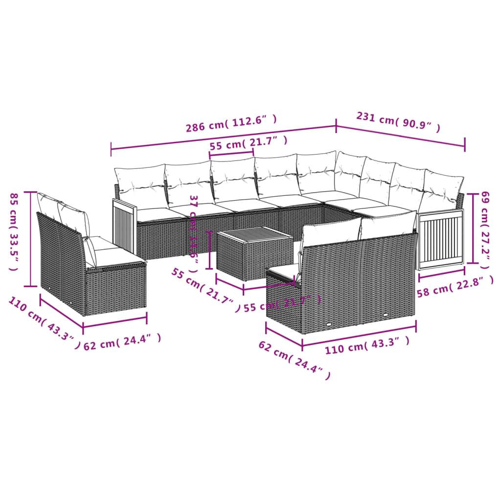 vidaXL 13-teiliges Gartensofa-Set mit Kissen, grau, Polyrattan